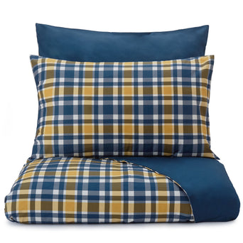 Cabril pillowcase, dark blue & mustard & white, 100% cotton