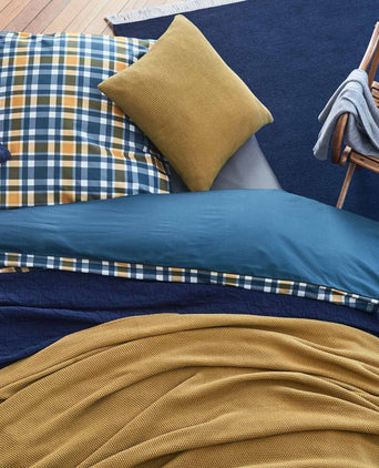 Cabril duvet cover, dark blue & mustard & white, 100% cotton