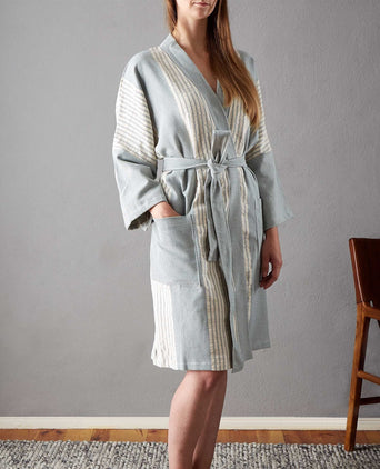 Kadan bathrobe, grey green & cream, 50% linen & 50% cotton