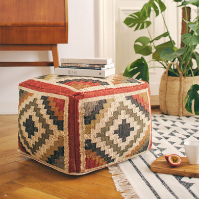 Gandaki pouf, rust orange & sand & olive green, 90% jute & 10% cotton