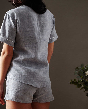 Casaal Short Sleeve Pyjama Shirt dark grey blue & white, 100% linen & 100% cotton